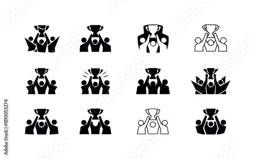 Trophy Icon Variations. victorious team lifting trophy. Icon set. Set Logo of victorious team lifting trophy: raised cup moment. harmonious logo variations of
