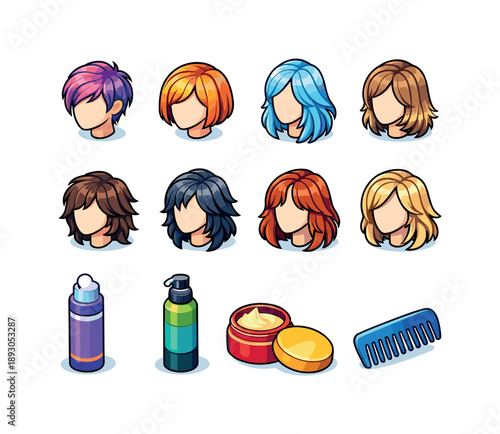Layered Hairstyles Icons. Layered hairstyle types. Colorful isometric vector icons set of Layered hairstyle types: layered pixie cut, layered bob hairstyle,