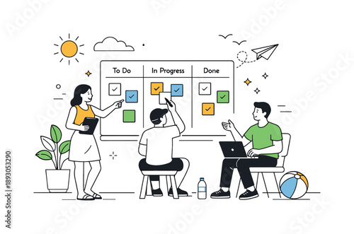 Summer Project Collaboration. Project management seasonal visuals. A summer work scene with a team collaborating around a task board, calm productivity and