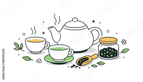 Elegant Tea Time. Tea time still life. A loose leaf tea set arranged as a quiet still life, with teapot, cups, and scattered leaves creating gentle balance.
