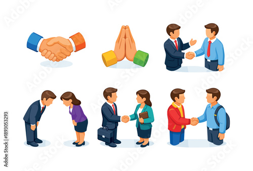 Isometric Greeting Icons. Greeting. Isometric flat vector icons set of Greeting: friendly welcome handshake, polite greeting hands, formal introduction
