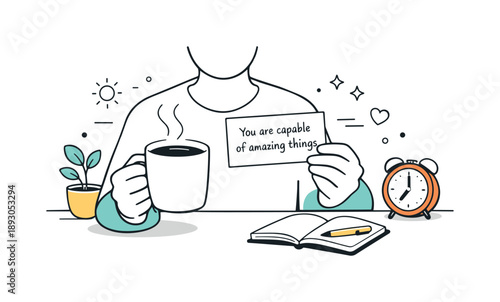 Morning Affirmation Ritual. Morning affirmation ritual. A person holding a cup of tea or coffee while reading a small affirmation card. The illustration shows