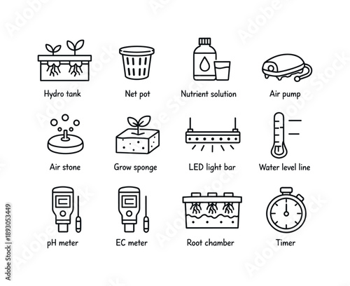 Hydroponic Line Icon Set. Hydroponic indoor plants. Line icon set of Hydroponic indoor plants: hydro tank, net pot, nutrient solution, air pump, air stone,