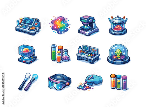 Cosmic Forensic Icons. Cosmic forensic science. Colorful isometric vector icons set of cosmic forensic science: trace analyzers, spectral residue, micro-scan