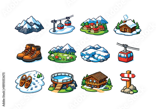 Austrian Alps Icons. Austrian Alps. Colorful isometric vector icons set of Austrian Alps: snow-covered peaks, ski lift line, alpine village, winter lodge,
