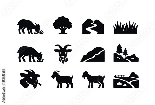 Goats in Nature Icons. Goats and nature. Solid icon set of Goats and nature: goat eating grass, tree silhouette, goat path, field of grass, grazing animal,