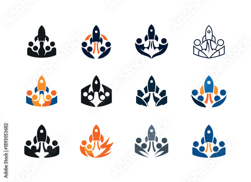 Startup Incubator Logos. Startup incubators. Icon set. Set Logo of Startup incubators: rocket launching from collaborative base. harmonious logo variations of
