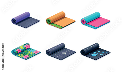 Colorful Yoga Mat Grid. Mat details. Isometric flat vector icons set of Mat details: non-slip yoga mat, eco-friendly cork mat, dual layer yoga mat, printed