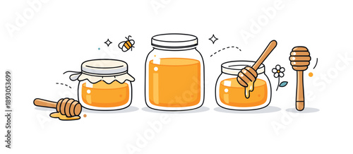 Minimalist Honey Jars. Honey jars minimal. A simple arrangement of glass honey jars with wooden dippers. Clean composition, natural sweetness, and calm kitchen