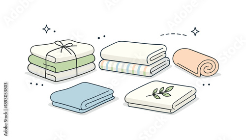 Calm Fabric Folds. Neutral fabric fold layout. A calm composition of folded linen towels and cloths, arranged in subtle symmetry, evoking purity, warmth, and