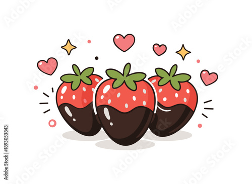 Sweet Strawberry Love. Valentine?s Day Food and Sweets Motifs. Playful illustration of strawberries dipped in chocolate, surrounded by tiny hearts. Light