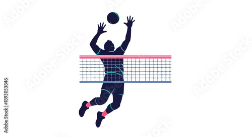 Silhouette of a volleyball player in mid-air spiking the ball over a net with a solid white background.