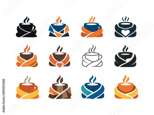 Cozy Emblem Variations. Comfort. Icon set. Set Logo of comfort: steaming cup wrapped in cozy blanket. harmonious logo variations of the same emblematic