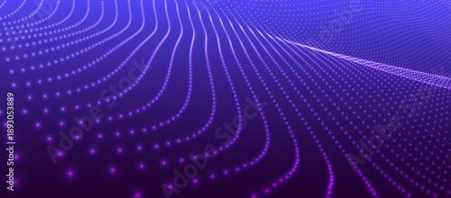 Abstract vector background with a dynamic wave. Streams of bright dots form smooth waves against a dark background. The radiating light creates a sense of depth and elegance. Futuristic 3D dot wave.