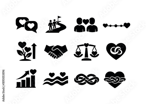 Iconic Relationship Symbols. Meaningful Relationship. Solid icon set of Meaningful Relationship: heart dialogue, shared journey path, people heart link,