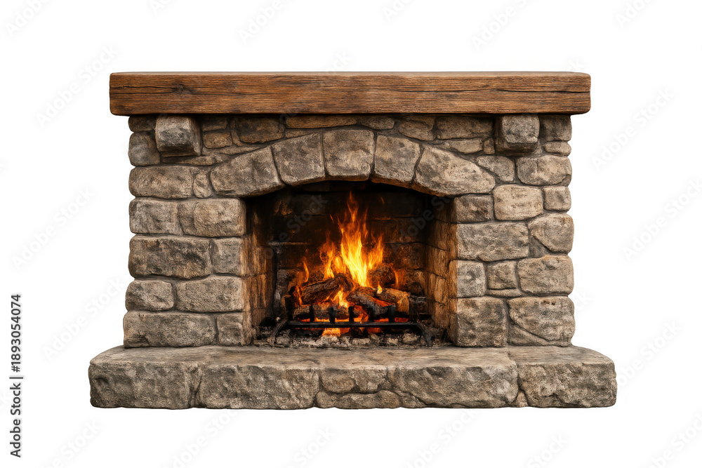 Fototapeta premium Stone fireplace with rustic wood mantel burning logs, creating warmth and a cozy home feeling, transparent background