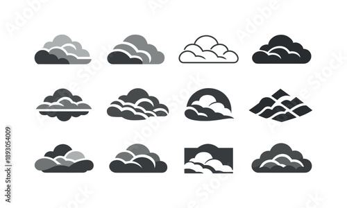 Cloud Logo Variations. Cloudy Sky. Icon set. Set Logo of Cloudy Sky: cloud layers with depth. harmonious logo variations of the same emblematic concept, each