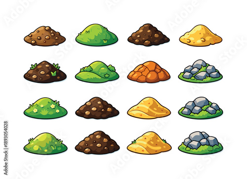 Colorful Mound Icons. Mound. Colorful isometric vector icons set of mound: earth mound, grassy hill mound, soil pile, dirt heap, small hillock, sand mound,