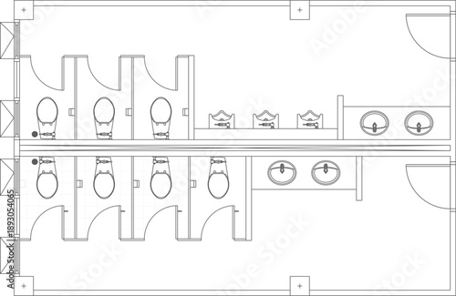 Technical vector illustration of a public restroom floor plan, featuring multiple toilet stalls, urinals, and shared washbasin vanity areas.
