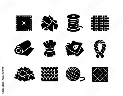 Recycled Textile Icons. Recycled textiles. Solid icon set of recycled textiles: denim patch, fabric scraps, cotton reel, woven mat, textile roll, fiber bundle,