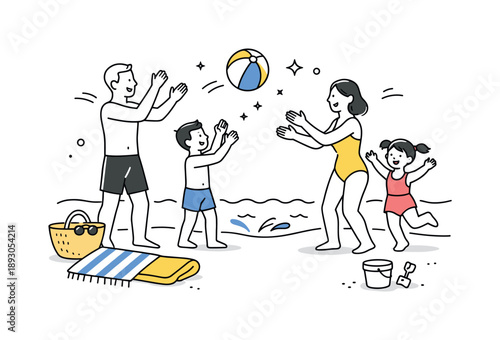 Family Beach Fun. Family beach vacation. Parents and children playing near the water with a beach ball and towels nearby. Friendly summer fun and shared