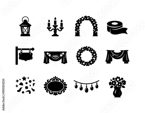 Wedding Decor Icons. Wedding decorations. Solid icon set of wedding decorations: lantern, candle holder, floral arch, ribbon roll, decorative sign, table
