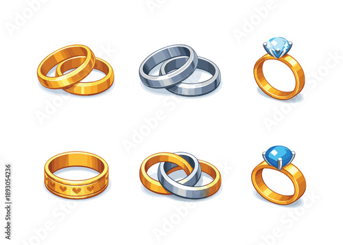 Wedding Ring Icons. Wedding rings. Isometric flat vector icons set of wedding rings: classic gold ring pair, silver ring set, diamond engagement ring, wedding