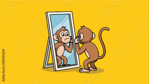 Funny monkey looking in a mirror and touching its reflection for self-identity and psychology concept.