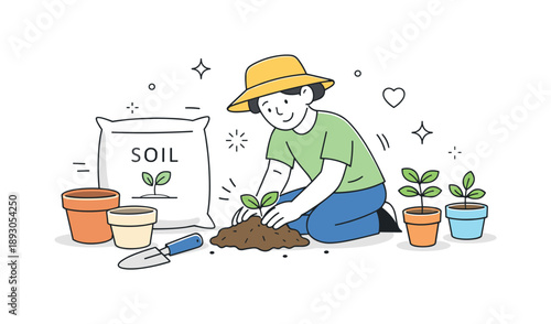 Mindful Home Gardening. Home gardening essentials. Pots, soil bag, hand trowel and small plants neatly arranged while a character gently plants a seedling,