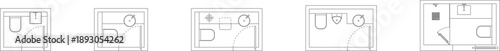 Technical vector illustration featuring five small-scale bathroom layout options, perfect for compact residential or commercial projects.
