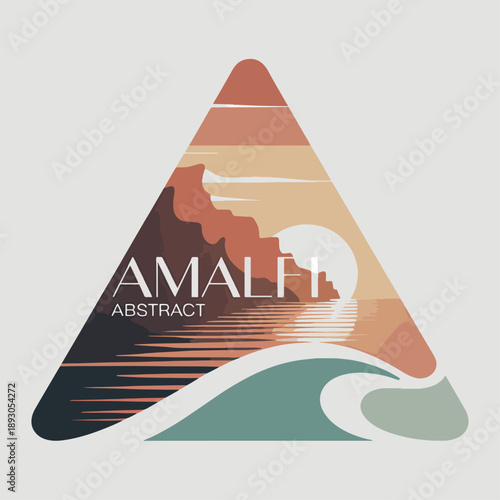 Stylized sunset over Amalfi cliffs within triangular design, symbolizing Mediterranean charm, tranquility, and modern interpretation of coastal travel aesthetics.