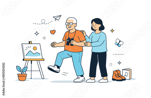 Embracing New Beginnings. Caring guidance into a new lifestyle. A retiree confidently takes first steps toward new interests while a close person stands nearby
