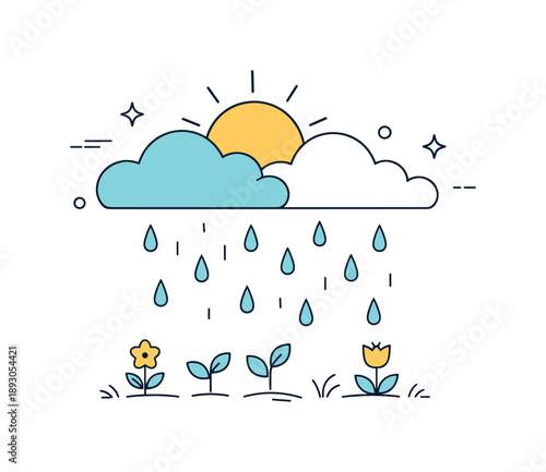 Tranquil Spring Showers. Calm seasonal climate. A simple composition with sun behind clouds and light rain drops falling gently. The scene communicates mild