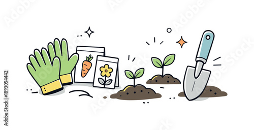 Spring Gardening Prep. Gardening and early spring prep illustration. Simple tools like a trowel, gloves and seed packets arranged near small sprouts and soil
