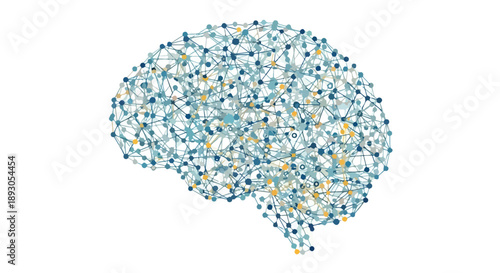 A stylized illustration of a human brain composed of small blue, white, and yellow dots on a clean white background with a creative and intellectual mood.