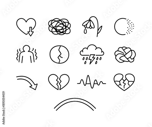Emotional Icons Grid. Emotional struggle. Line icon set of Emotional struggle: heavy heart, tangled line, drooping flower, fading symbol, trembling outline,