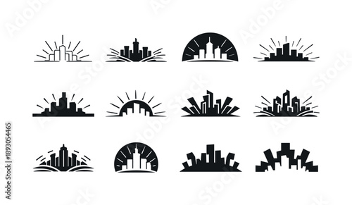 City Skyline Icons. city skyline growth. Icon set. Set Logo of city skyline growth: urban horizon expanding outward. harmonious logo variations of the same