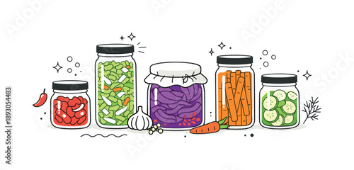 Artisanal Ferments Display. Artisanal fermented foods. A curated set of jars filled with colorful ferments, arranged with plenty of white space. Clean modern