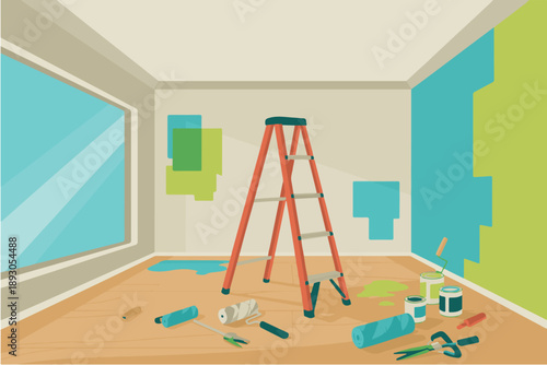 Interior house renovation scene with ladder paint cans and rollers for DIY home improvement and repair concept. Home interior under construction with paint tools and ladder for renovation.