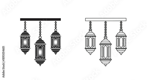 Ramadan Kareem vector icon set. Black and outline hanging Arabic lanterns with intricate patterns for Islamic holidays and celebrations. isolated on White Background