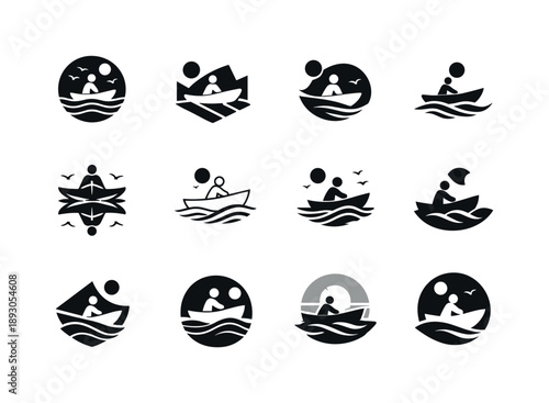 Boat Ride Icons. Taking a boat ride. Icon set. Set Logo of taking a boat ride: recreational water travel. harmonious logo variations of the same emblematic