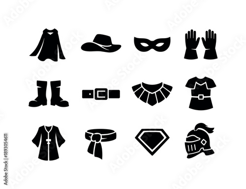 Costume Icon Set. Costume elements. Solid icon set of Costume elements: cape, hat, mask, gloves, boots, belt, decorative collar, tunic, theatrical robe, sash,