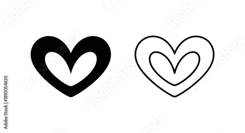 Black vector heart icon set, solid and outline, love symbol for UI, app, website, social media, isolated on white
