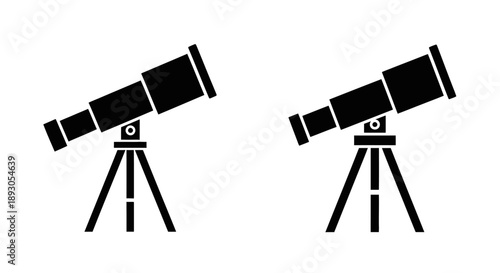 Black vector telescope icon set on tripod, astronomy observation tool, isolated on white
