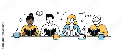 Peaceful Reading Moment. Book club meeting reading time. Participants quietly reading books with cups of tea or coffee nearby. Peaceful atmosphere and focused