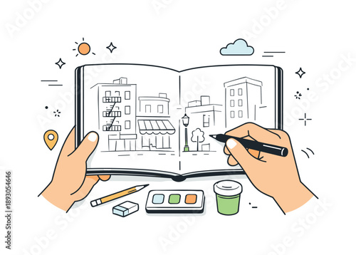 Urban Sketchbook Artistry. Urban sketchers scene. A sketchbook held open with a simple city drawing in progress, buildings outlined lightly. Focused creative