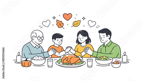 Thanksgiving Family Gathering. A family gathered around the table for Thanksgiving dinner gratitude. A gentle scene with hands joined briefly above the table