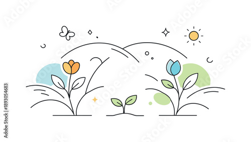 Floral Balance Abstraction. Awakening flora abstraction. Rounded botanical line forms gently spreading across the scene, symbolizing balance and new