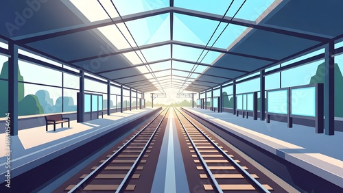 Stylized 3D render of a modern train station platform with glass roof at sunset, cinematic perspective