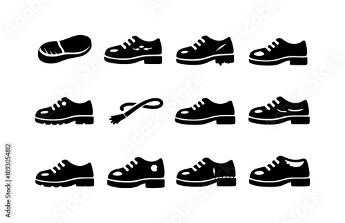 Worn School Shoes Icons. School shoes wear signs. Solid icon set of school shoes wear signs: worn sole, cracked leather, loose heel, scuffed toe, broken